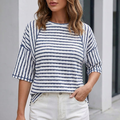 Relaxed Coastal Stripe Textured Blouse for Everyday Elegance