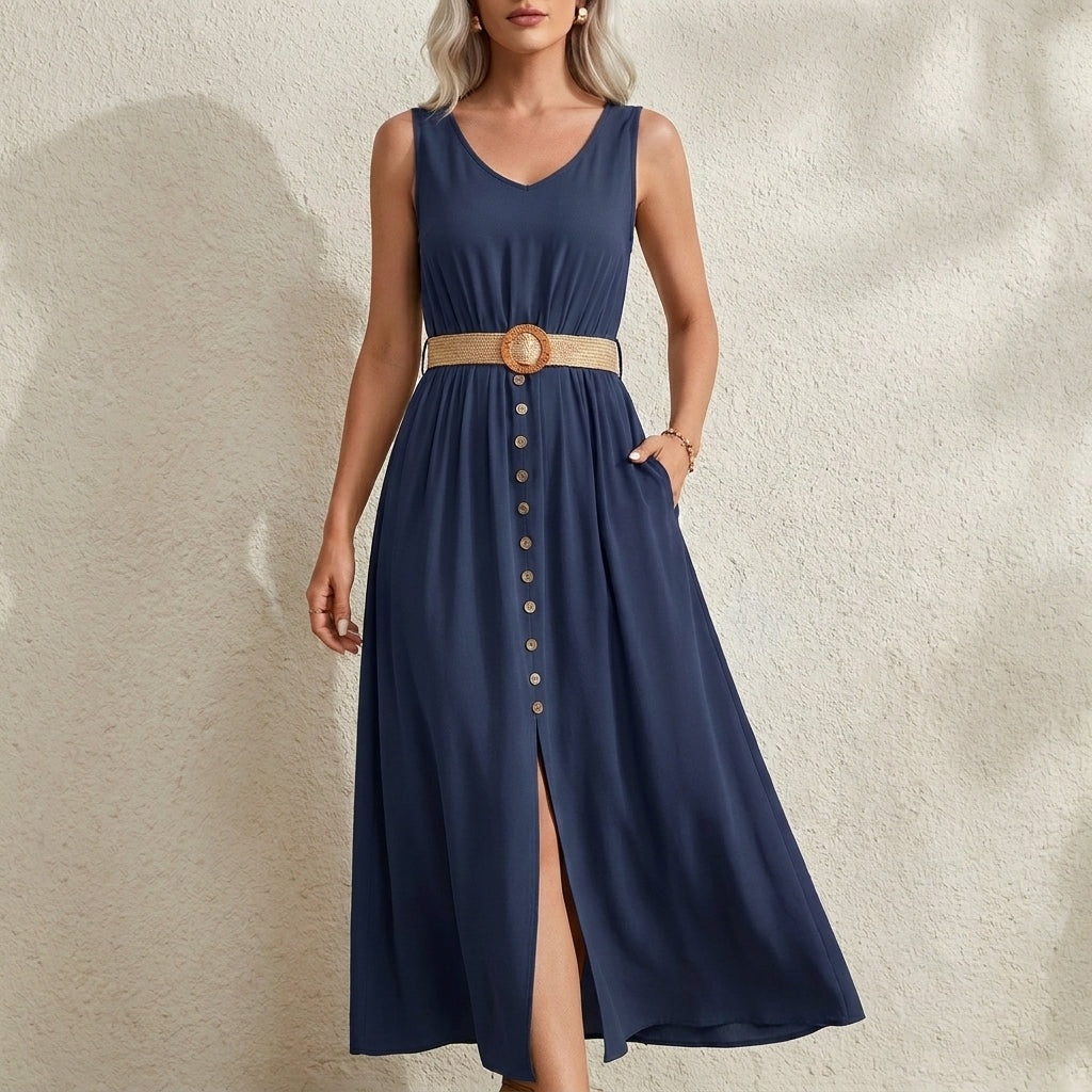 Belted Button Front Maxi Dress with Effortless Resort Charm