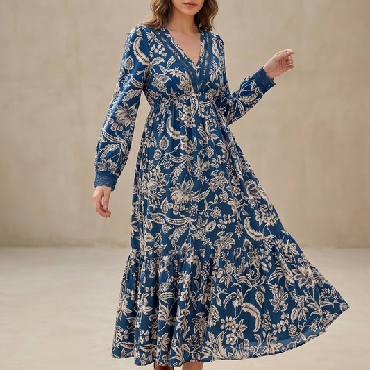 Flowing V-Neck Maxi Dress with Lace Trim and Tiered Skirt