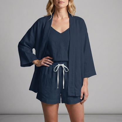 Elegant Three-Piece Lounge Set with Kimono and Shorts