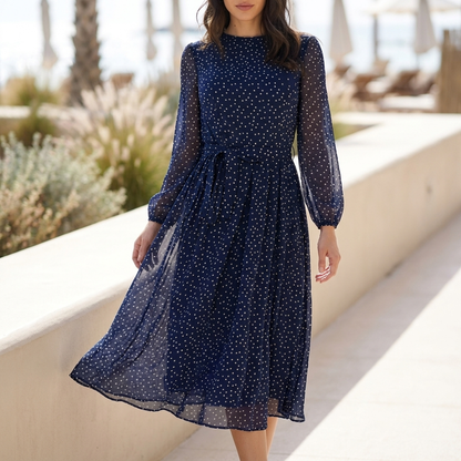 Polka Dot A-Line Midi Dress with Tie-Waist and Sheer Sleeves