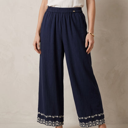 Coastal Breeze Embroidered Hem Relaxed Wide-Leg Pants