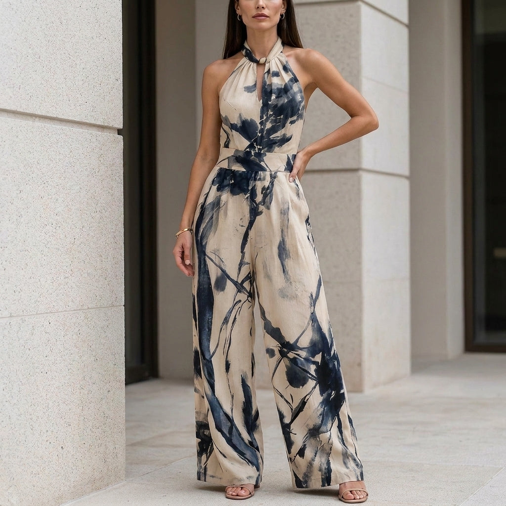 Coastal Bloom Halter Wide-Leg Resort Jumpsuit
