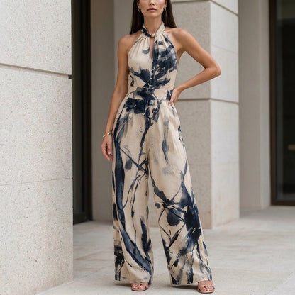 Coastal Bloom Halter Wide-Leg Resort Jumpsuit