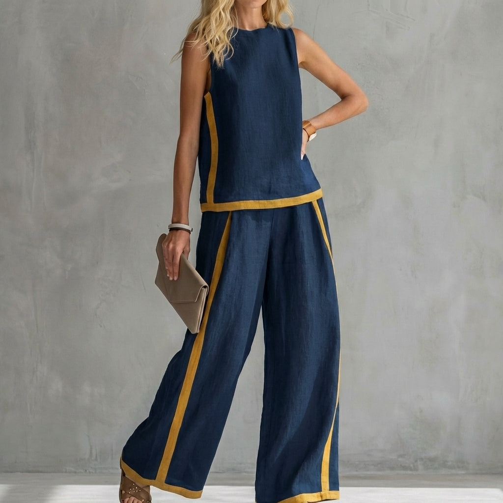 Contemporary Sleeveless Two-Piece Set with Wide-Leg Trousers and Contrast Trim