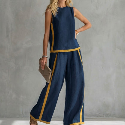 Contemporary Sleeveless Two-Piece Set with Wide-Leg Trousers and Contrast Trim