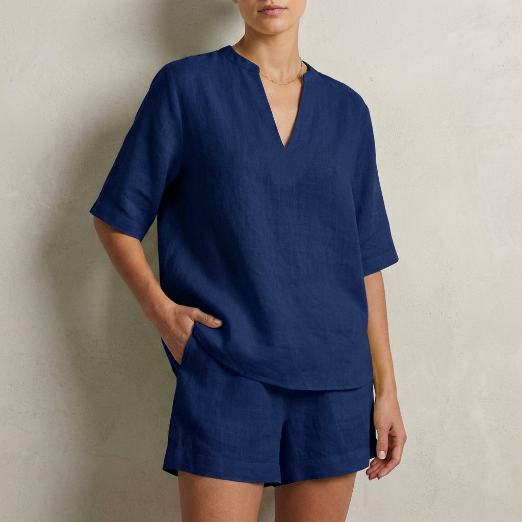 Relaxed Two-Piece Set with Split V-Neck Top and Wide-Leg Shorts