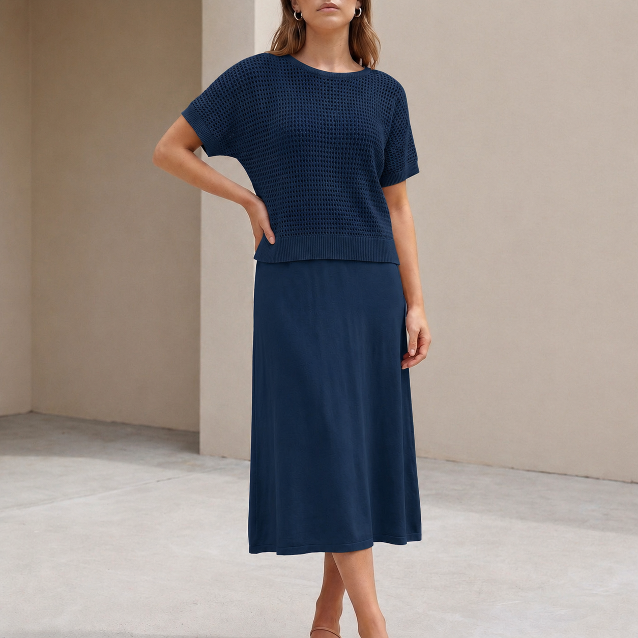 Flowing Midi Dress and Cropped Open-Knit Mesh Top Set