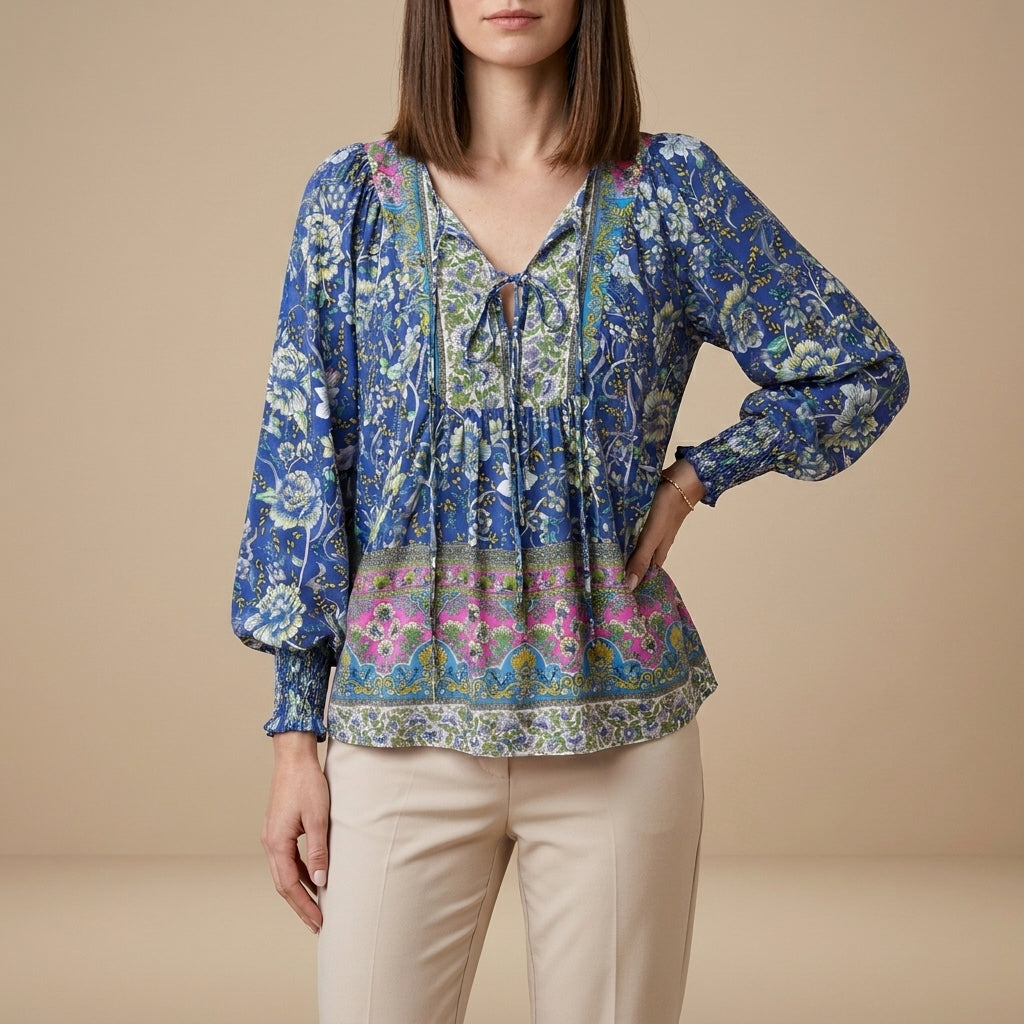 Bohemian Floral Patchwork Peasant Blouse with Tassel Tie Neck