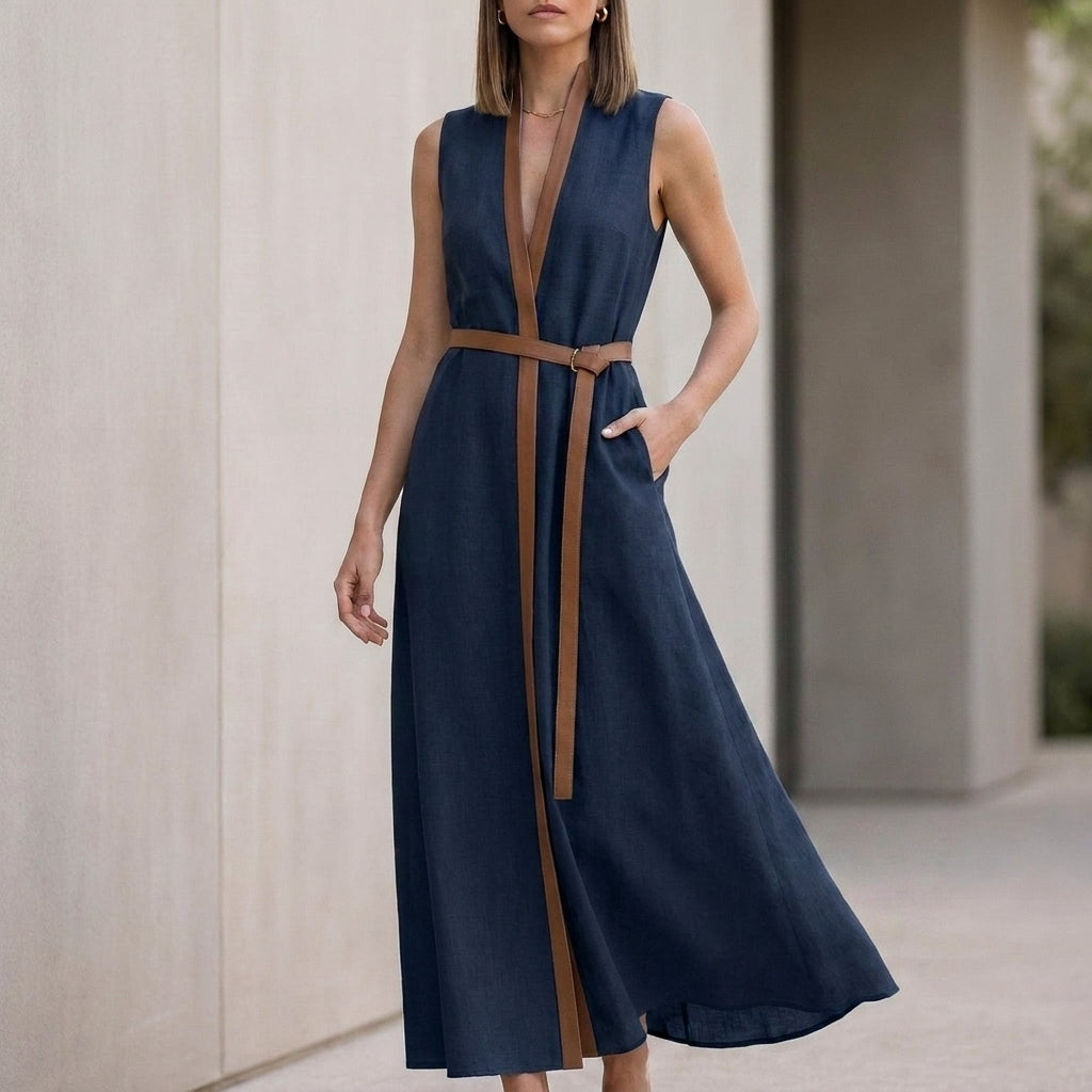 Elegant Sleeveless V-Neck Maxi Dress with Contrast Trim and Tie-Belt