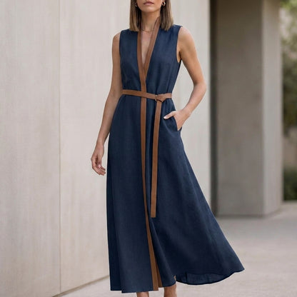 Elegant Sleeveless V-Neck Maxi Dress with Contrast Trim and Tie-Belt