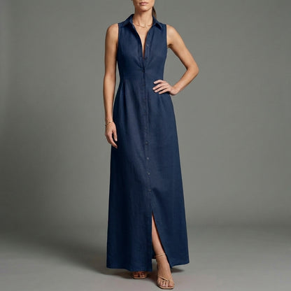 Sleeveless Button Front Maxi Dress with Elegant Tailored Resort Silhouette