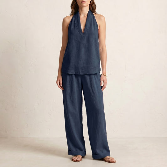 Relaxed Two-Piece Halter V-Neck Set with Wide-Leg Pants