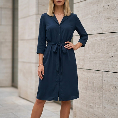 Tailored Knee-Length Shirt Dress with Waist Tie and Side Pockets