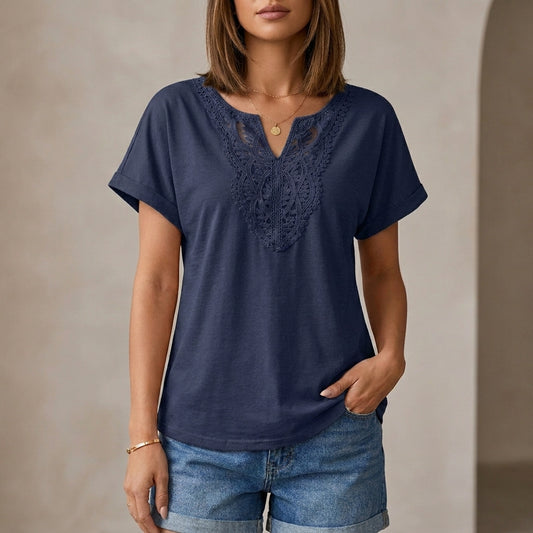 Relaxed V-Neck Lace-Embroidered Short Sleeve Knit Top