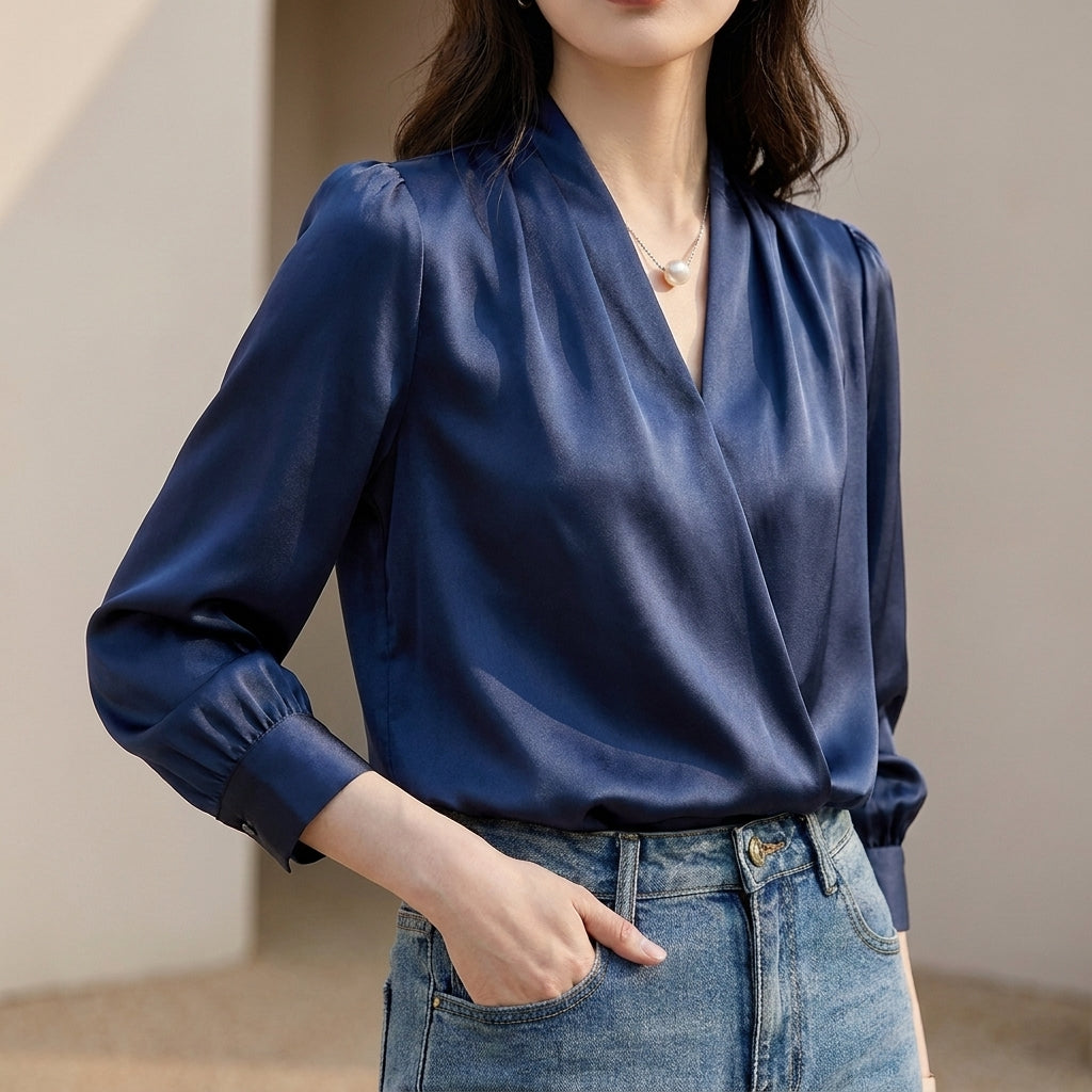 Tailored V-Neck Puff Sleeve Blouse with Pleated Shoulders