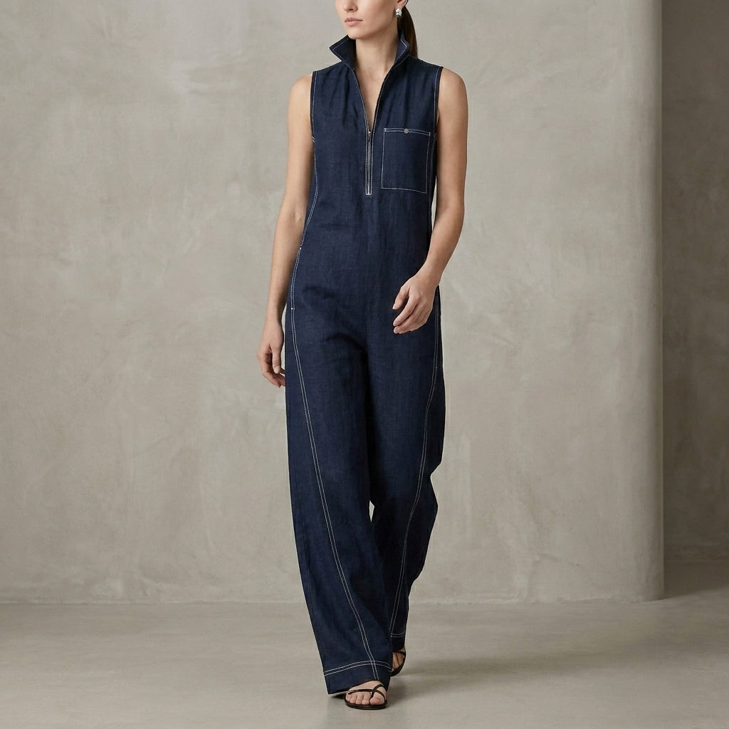 Relaxed Wide-Leg Sleeveless Jumpsuit with Structured Stand Collar