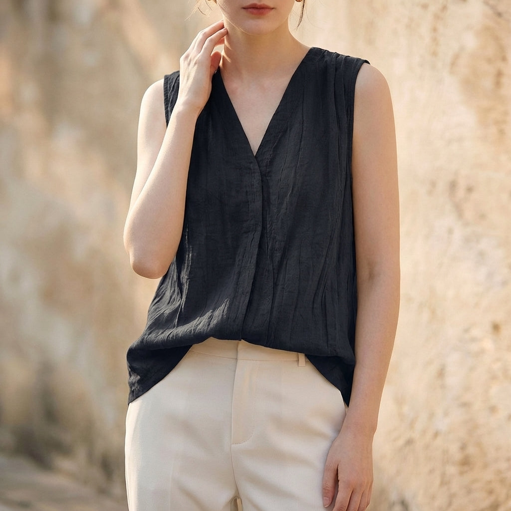 Flowing V-Neck Sleeveless Top with Pleated Crinkle Texture