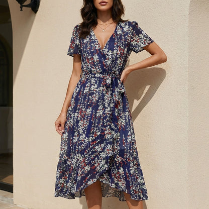 Romantic Floral Wrap Midi Dress with Ruffle Hem