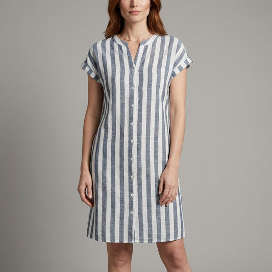 Coastal Stripe Button Front Mini Dress with Relaxed Silhouette