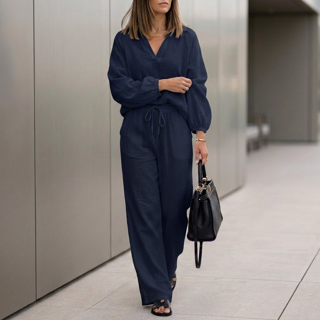 Oversized Two-Piece Crinkle-Texture Suit with Relaxed Silhouette and Drawstring Waist