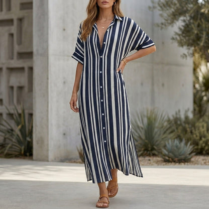 Relaxed Woven Maxi Shirt Dress with Vertical Stripes and Side Slits