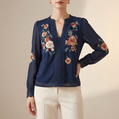 Flowing V-Neck Floral Blouse with Delicate Lace Trim and Sheer Sleeves