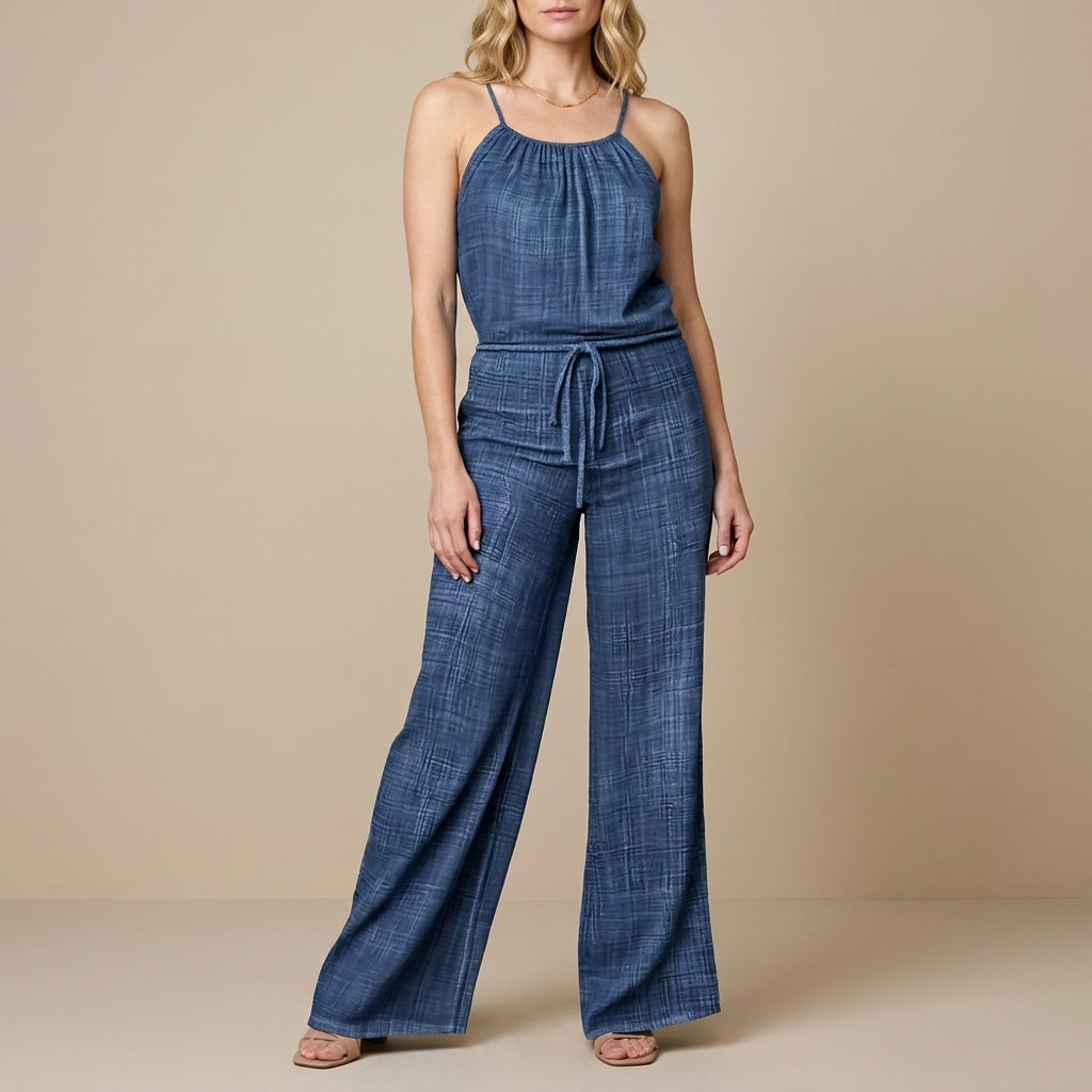 Gathered Neck Wide-Leg Jumpsuit with Adjustable Waist Tie