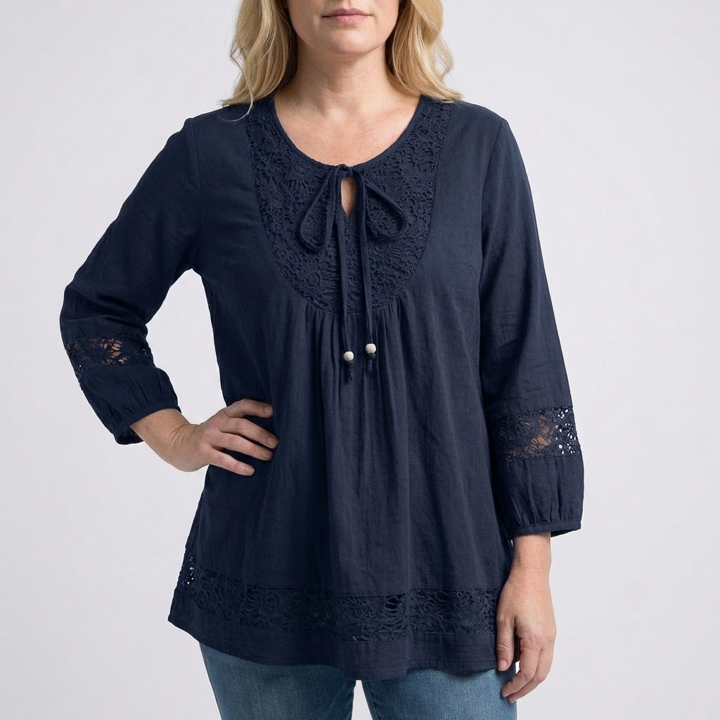 Loose-Fit Lace Patchwork Top with Tie-Neck and Beaded Accents