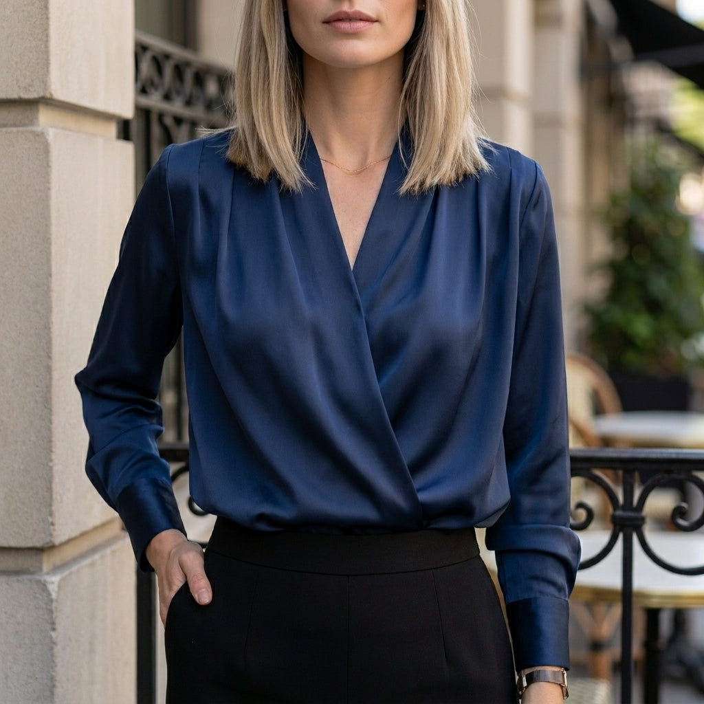 Minimalist V-Neck Blouse with Relaxed Long Sleeves