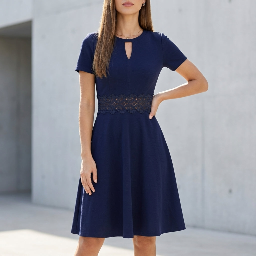 Structured A-Line Knee-Length Dress with Lace Waist and Keyhole Neckline