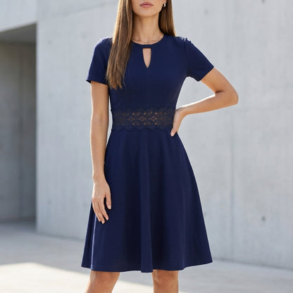 Structured A-Line Knee-Length Dress with Lace Waist and Keyhole Neckline