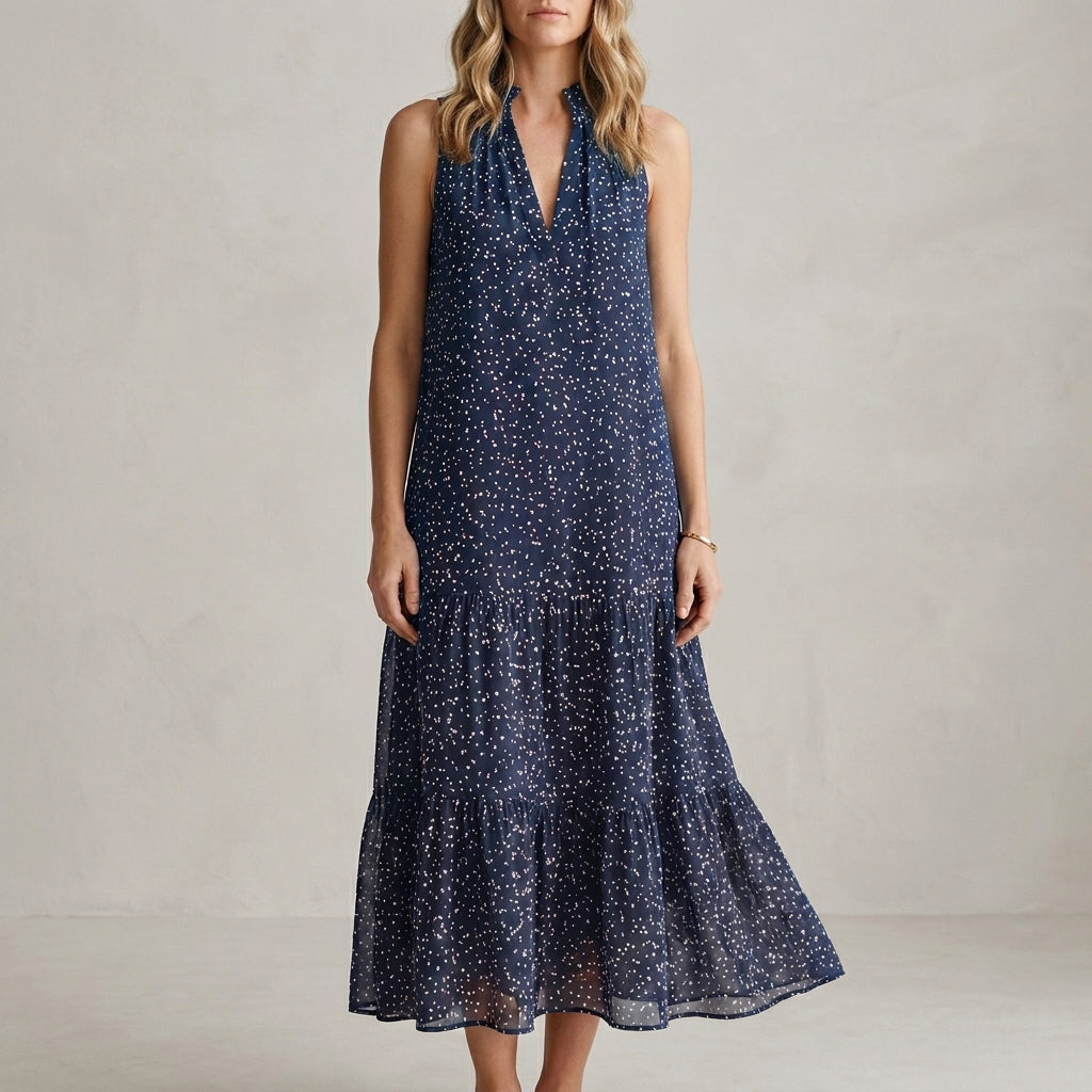 Flowing Sleeveless Printed Midi Dress with Ruffle Hem