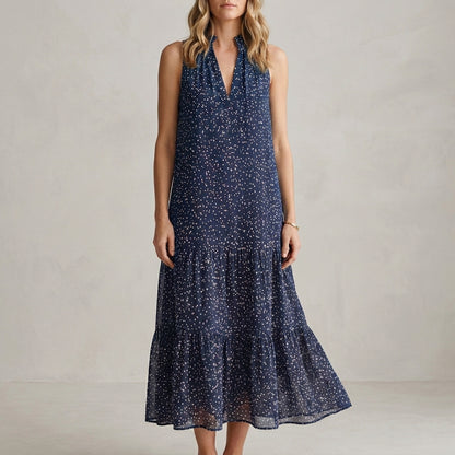 Flowing Sleeveless Printed Midi Dress with Ruffle Hem