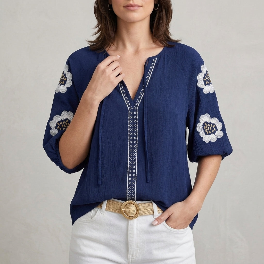 Floral Embroidered Split Neck Blouse for Effortless Elegance