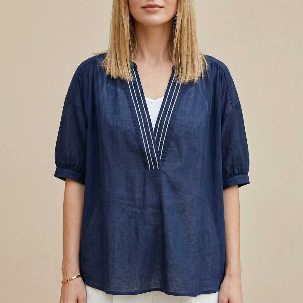 Coastal Breeze Relaxed V-Neck Tunic Blouse