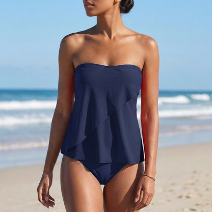 Strapless Layered Ruffle Tankini Set with Fitted Bottoms