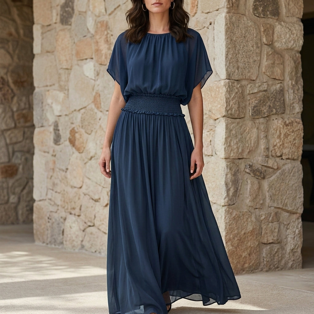 Flowing Smocked Waist Maxi Dress with Draped Sleeves