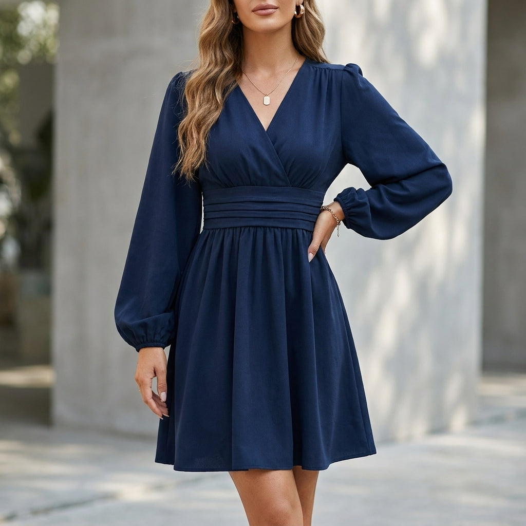 Wrap V-Neck Mini Dress – Bishop Sleeve Flared Skirt