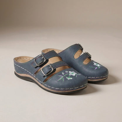 Embroidered Floral Mule Flats with Adjustable Buckles