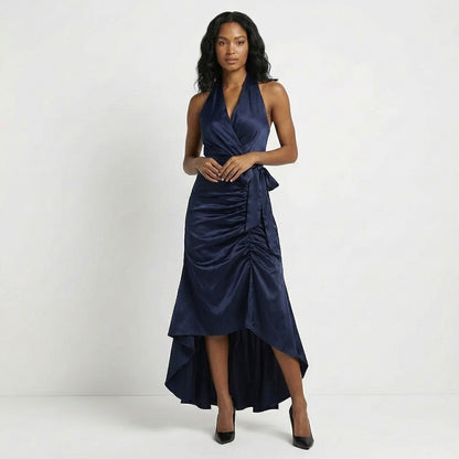Satin Halter Neck Wrap Maxi Dress with Bow Tie Waist and Ruffled Hem