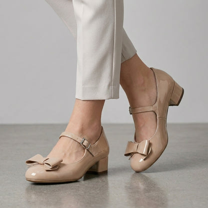 Glossy Bow Accent Mary Jane Heels with Elegant Feminine Silhouette