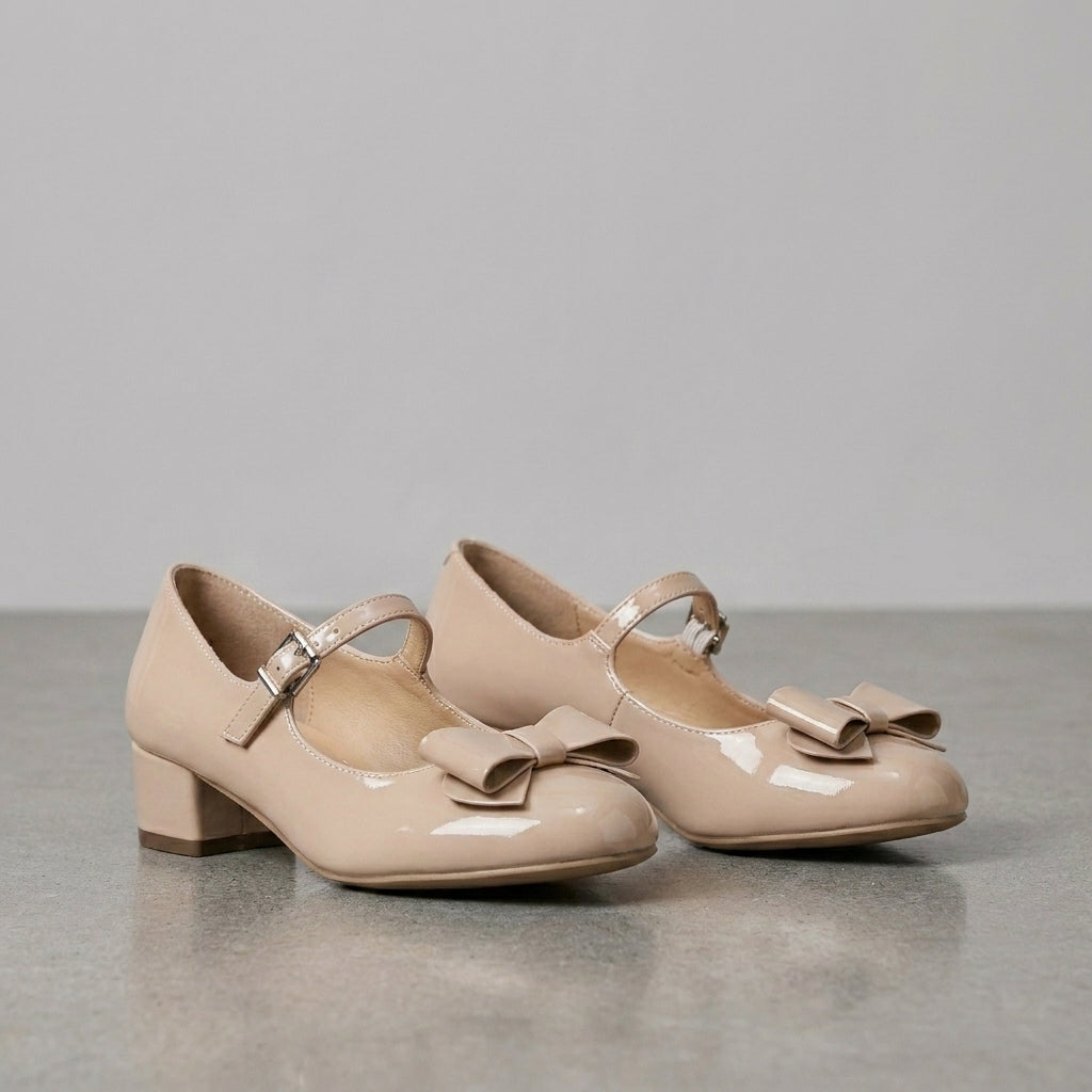 Glossy Bow Accent Mary Jane Heels with Elegant Feminine Silhouette