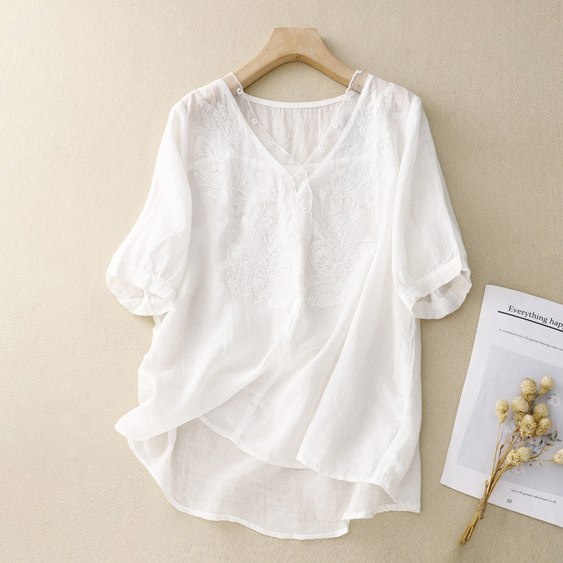 Embroidered V-Neck Linen Blend Short Sleeve Blouse