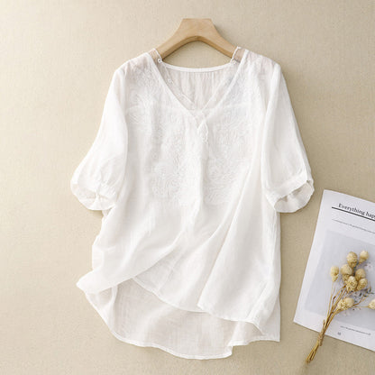 Embroidered V-Neck Linen Blend Short Sleeve Blouse