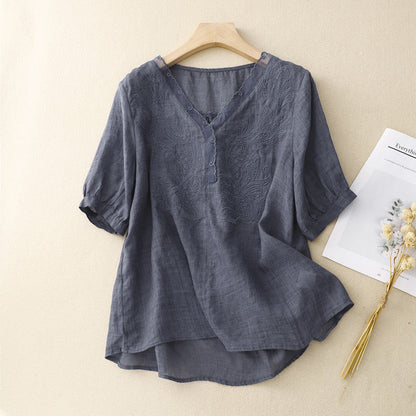 Embroidered V-Neck Linen Blend Short Sleeve Blouse