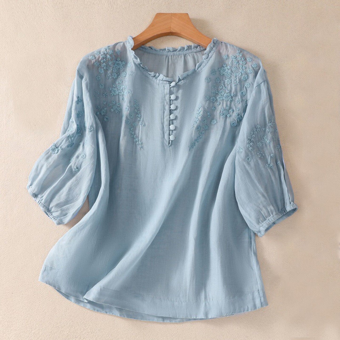 Relaxed Embroidered Top with Ruffled Collar and Gathered Sleeves