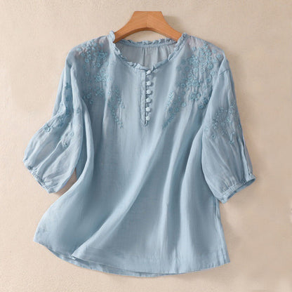 Relaxed Embroidered Top with Ruffled Collar and Gathered Sleeves