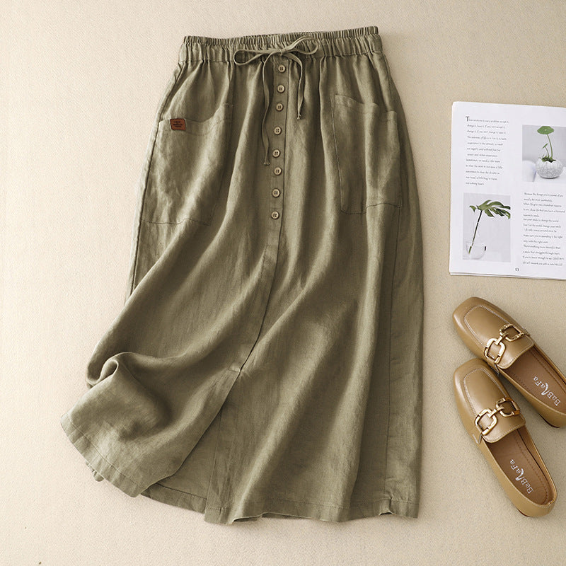 Relaxed Linen Blend Midi Skirt with Button Front and Pockets