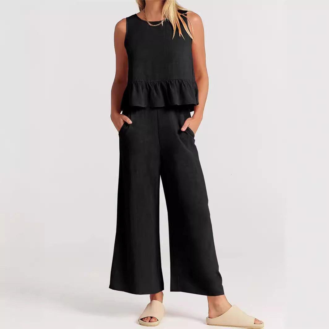 Breezy Linen Blend Peplum Top and Wide-Leg Pant Set